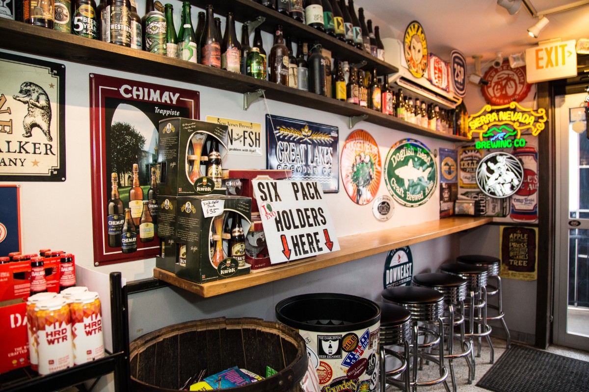 Bar with brewery memorabilia and beers